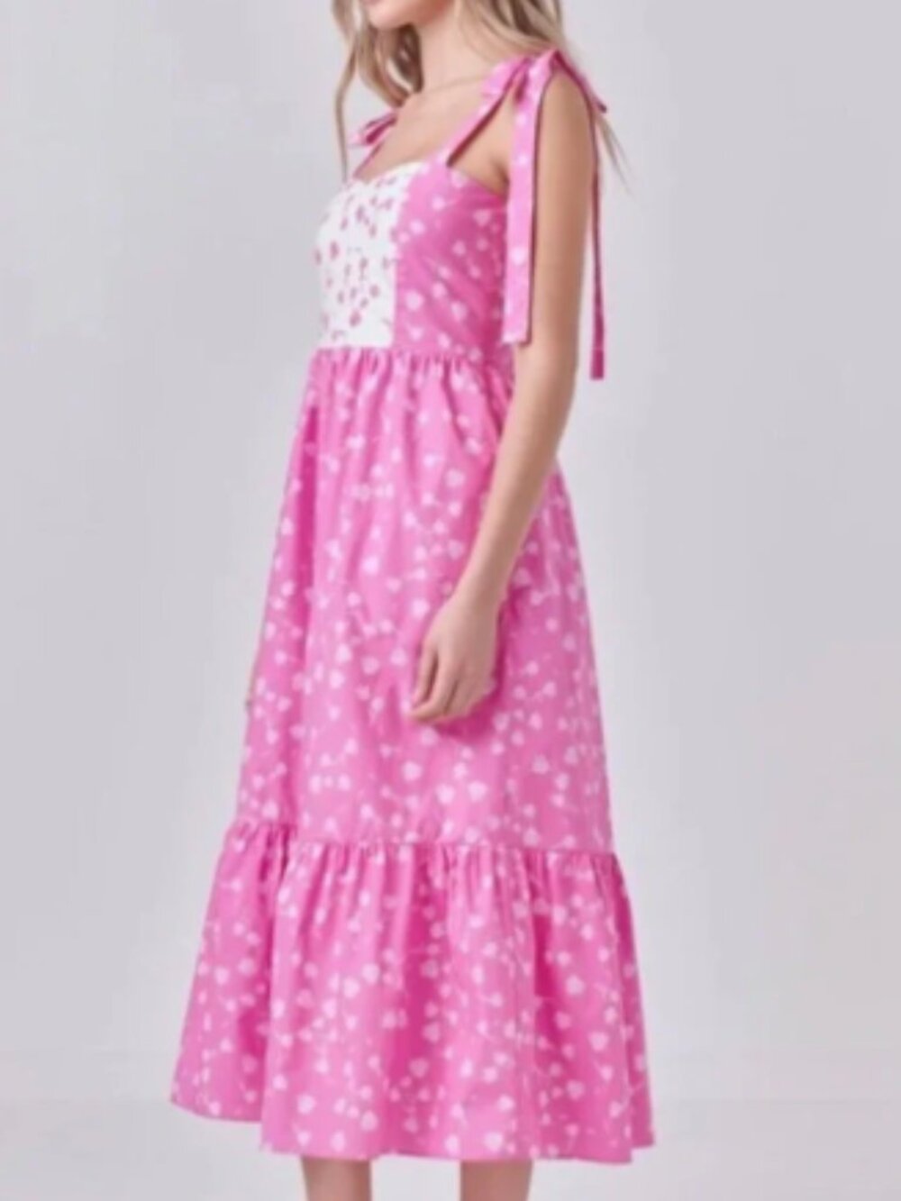 English Factory Floral Sweetheart Pink White Midi Dress Smocked